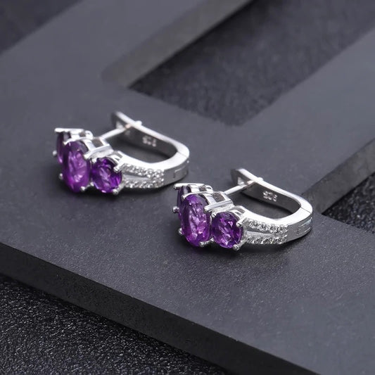Natural Amethyst Triple-Stone Earrings | 3.37Ct 925 Sterling Silver