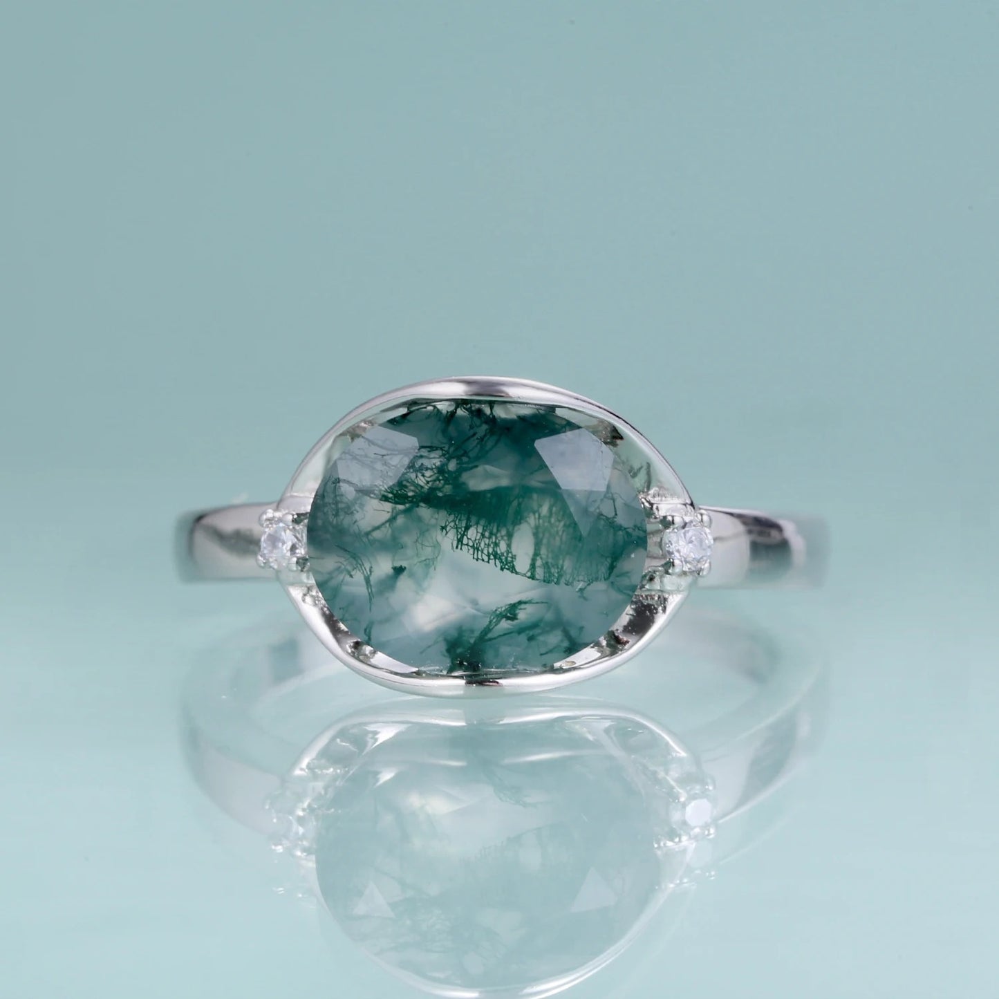 Natural Moss Agate Oval Ring | 2.91Ct Minimalist 925 Sterling Silver