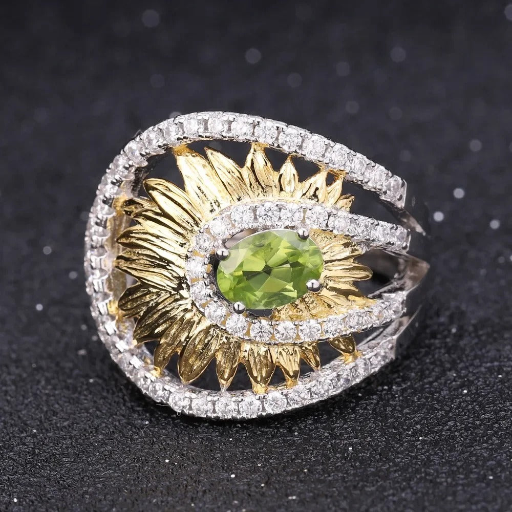 Natural Peridot Sunflower Ring | Handmade Two-Tone 925 Silver