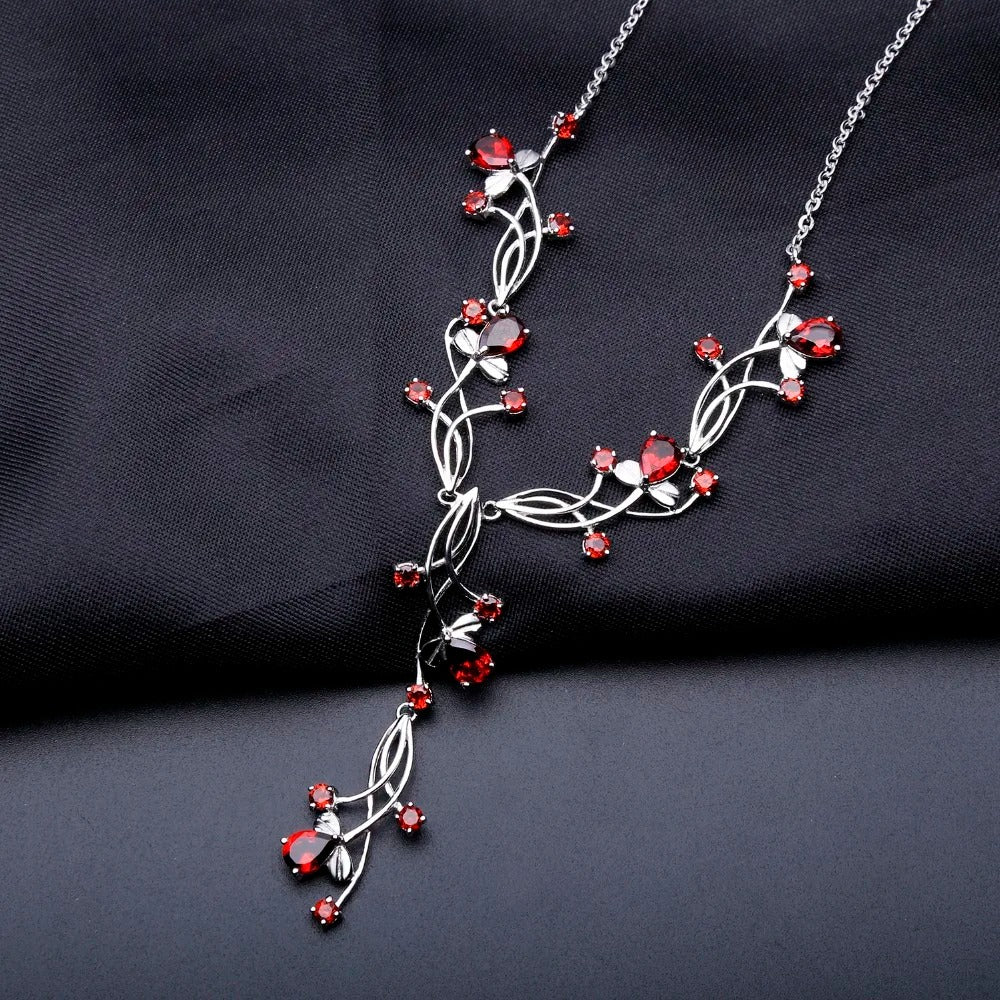 8.08Ct Natural Red Garnet Floral Vine Necklace | 925 Sterling Silver