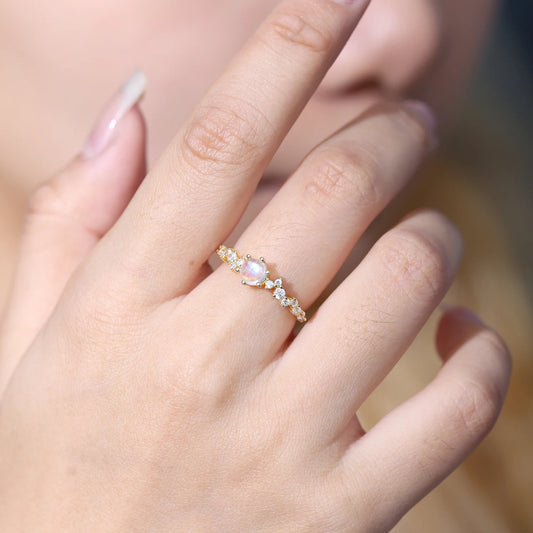 Natural Rainbow Moonstone Gold Ring | June Birthstone Promise Ring | 925 Silver