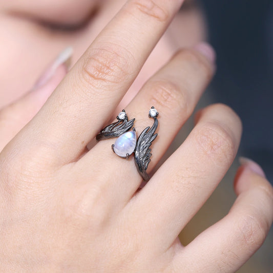 Guardian Angel Moonstone Ring | Adjustable Wings | Black 925 Silver