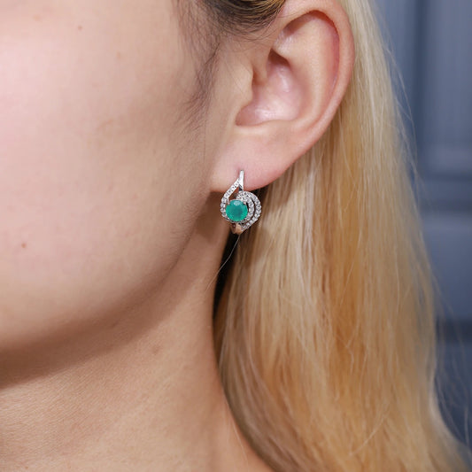 Natural Green Agate Swirl Stud Earrings | 925 Sterling Silver & CZ Halo