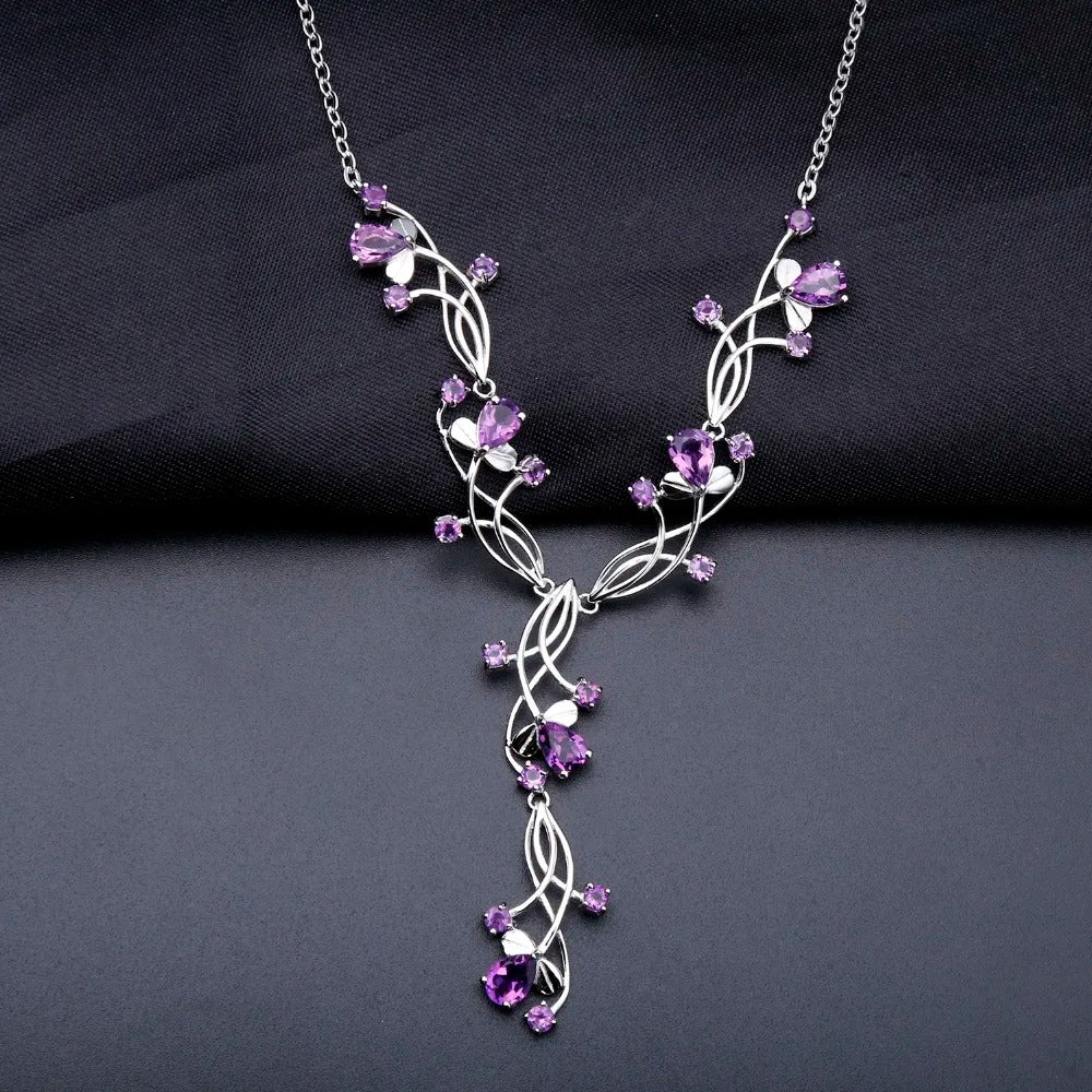 6.39Ct Natural Amethyst Y-Necklace | 925 Silver Floral Vine | Bridal