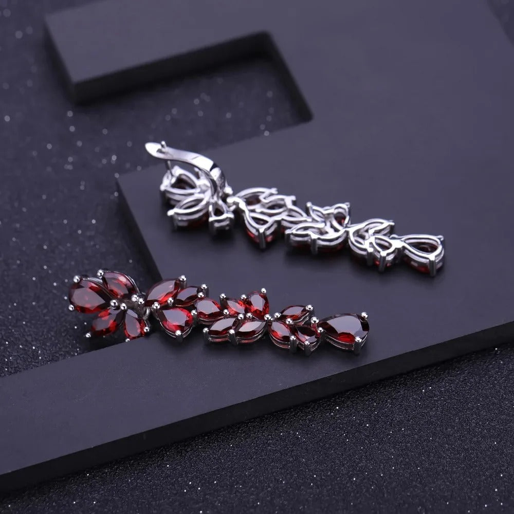 20.35Ct Natural Red Garnet Cascading Leaf Earrings | 925 Sterling Silver