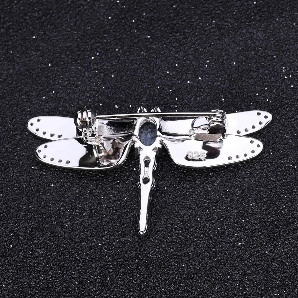 Natural Sky Blue Topaz Dragonfly Brooch | Textured 925 Silver