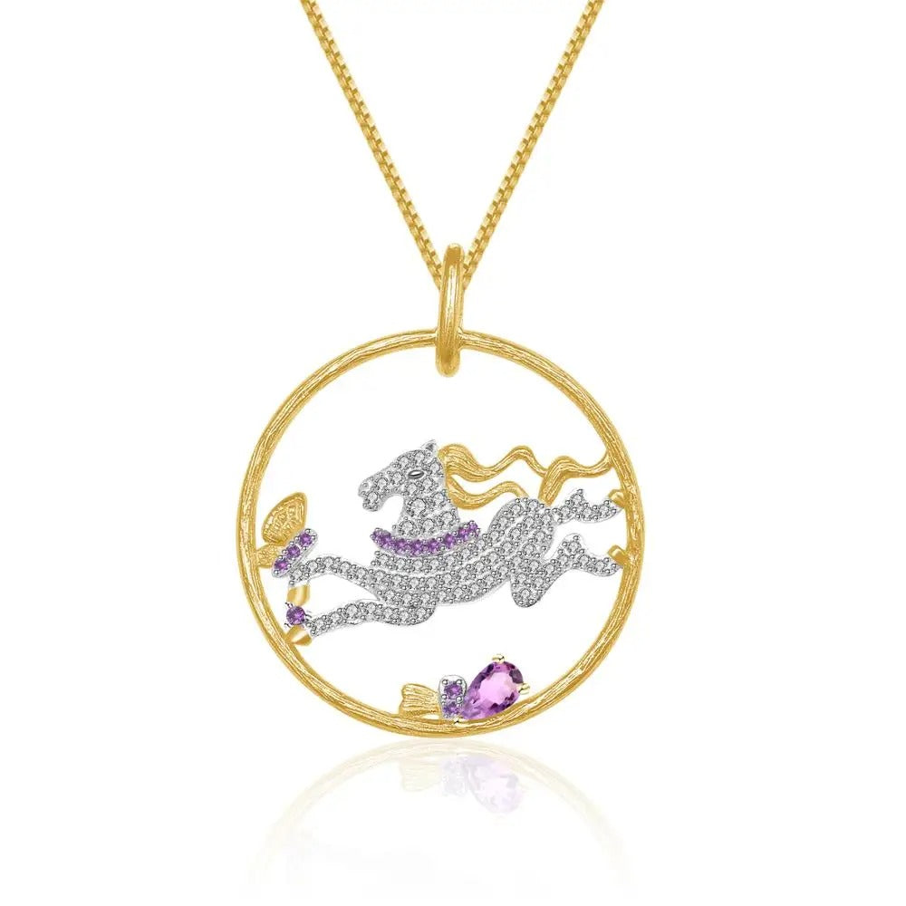 Galloping Horse Amethyst Pendant | Two-Tone 925 Silver | Luxury Gold Palace
