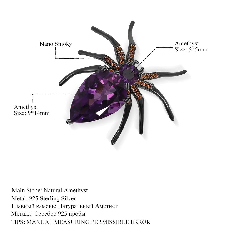 Gothic Amethyst Spider Brooch | 925 Sterling Silver