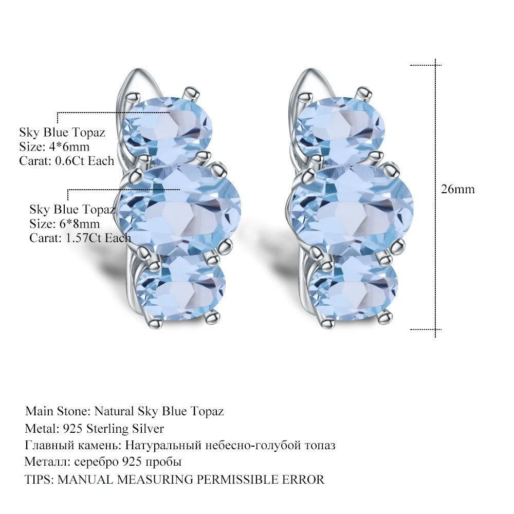 Natural Sky Blue Topaz Three-Stone Earrings | 5.54Ct 925 Sterling Silver