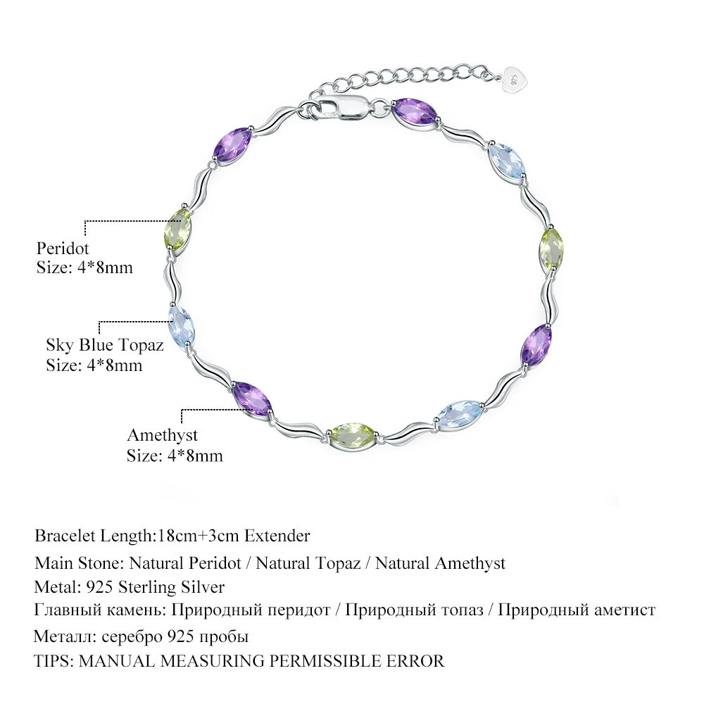 Multi-Gemstone Marquise Link Bracelet | Amethyst, Peridot & Topaz | 925 Silver