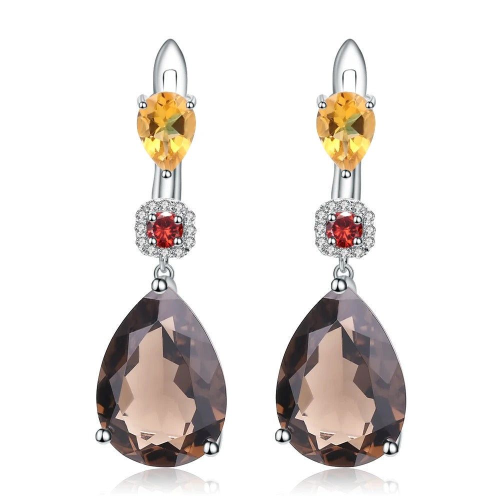Natural Smoky Quartz, Citrine & Garnet Drop Earrings | 925 Sterling Silver