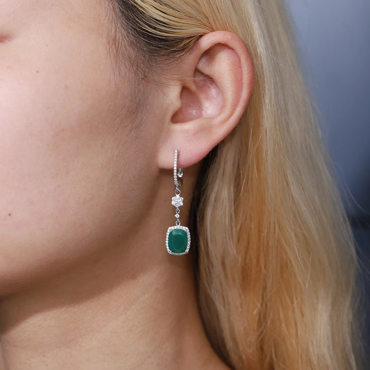 Natural Green Agate Drop Earrings | 7.34Ct Cushion Cut | 925 Silver