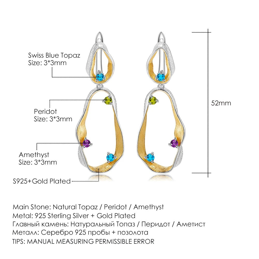 Twisted Abstract Drop Earrings | Amethyst, Peridot & Topaz | Two-Tone Silver