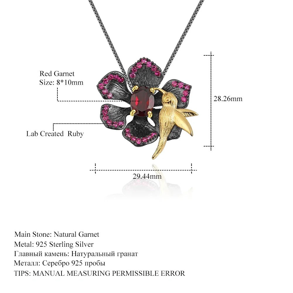 Garnet Bird & Flower Convertible Brooch Pendant | 925 Sterling Silver