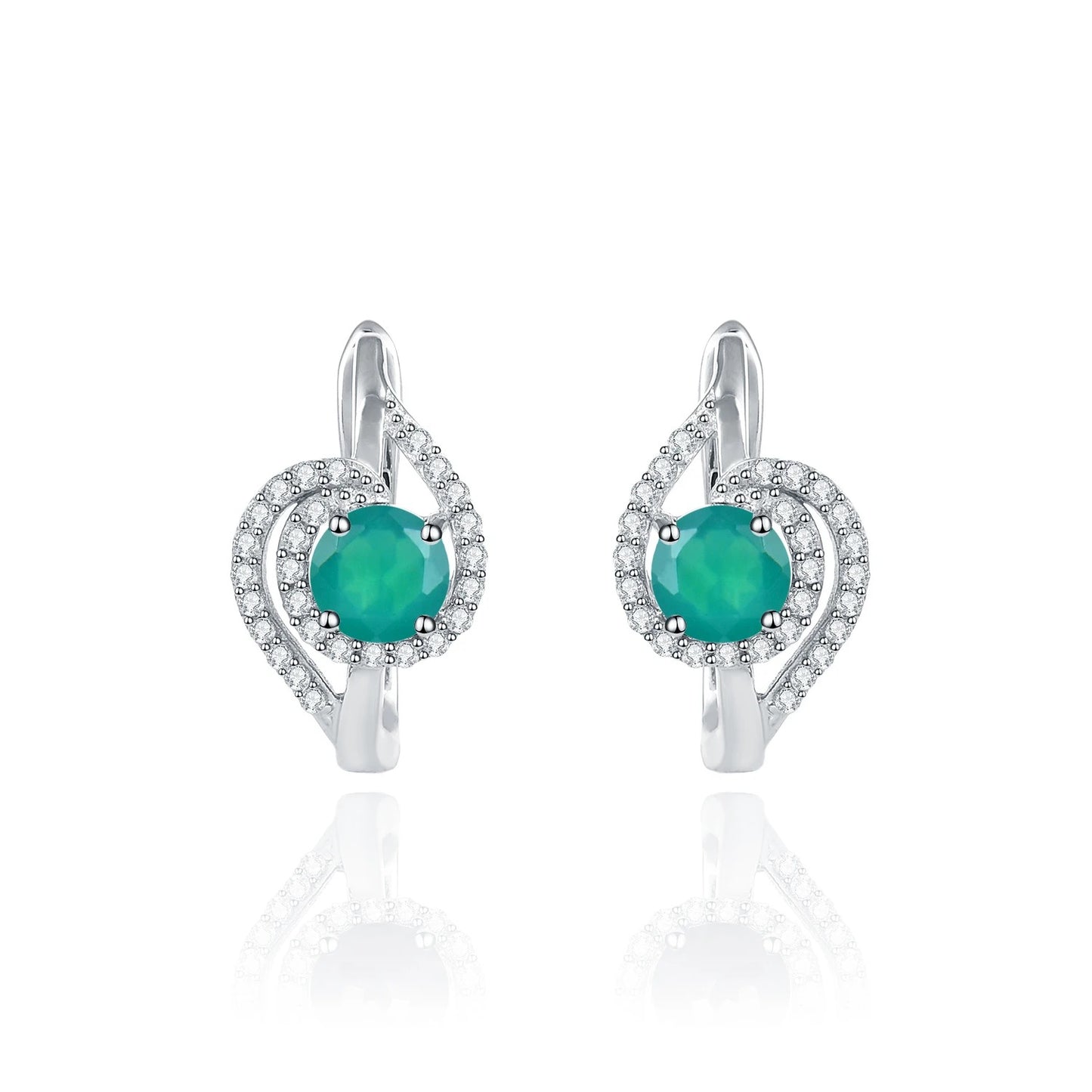 Natural Green Agate Swirl Stud Earrings | 925 Sterling Silver & CZ Halo