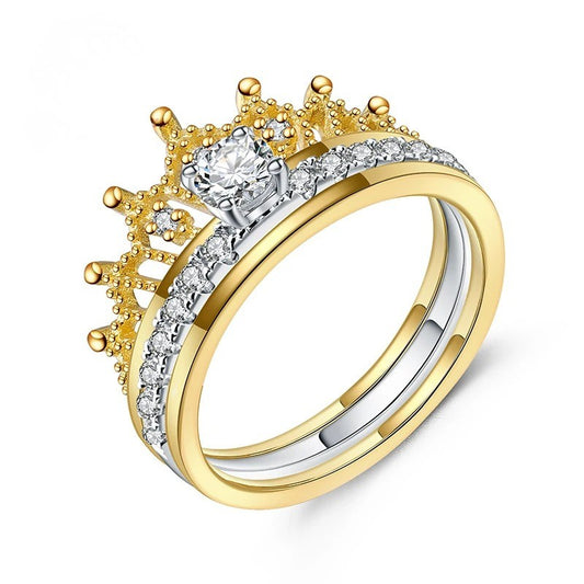 Two-Tone Princess Crown Engagement Ring | 925 Sterling Silver | Luxury Gold Palace