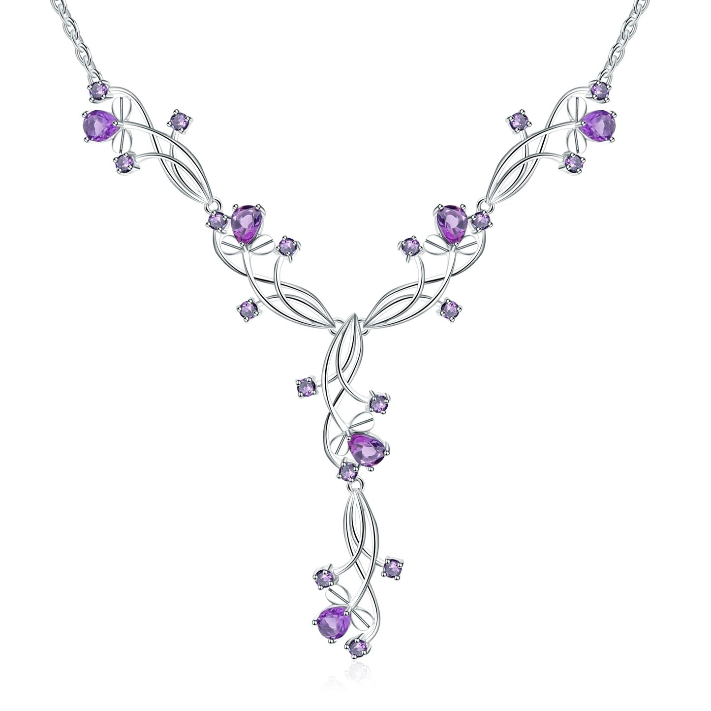 6.39Ct Natural Amethyst Y-Necklace | 925 Silver Floral Vine | Bridal