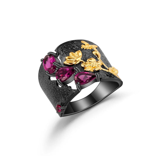Secret Garden Rhodolite Garnet Ring | Handmade Bee & Flower Band | 925 Silver