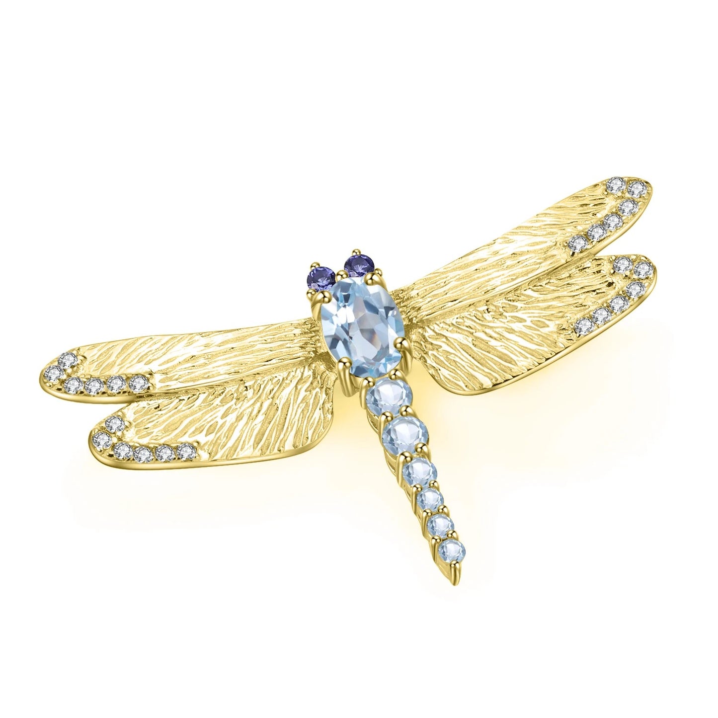 Natural Sky Blue Topaz Dragonfly Brooch | Textured 925 Silver