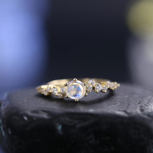 Natural Rainbow Moonstone Gold Ring | June Birthstone Promise Ring | 925 Silver