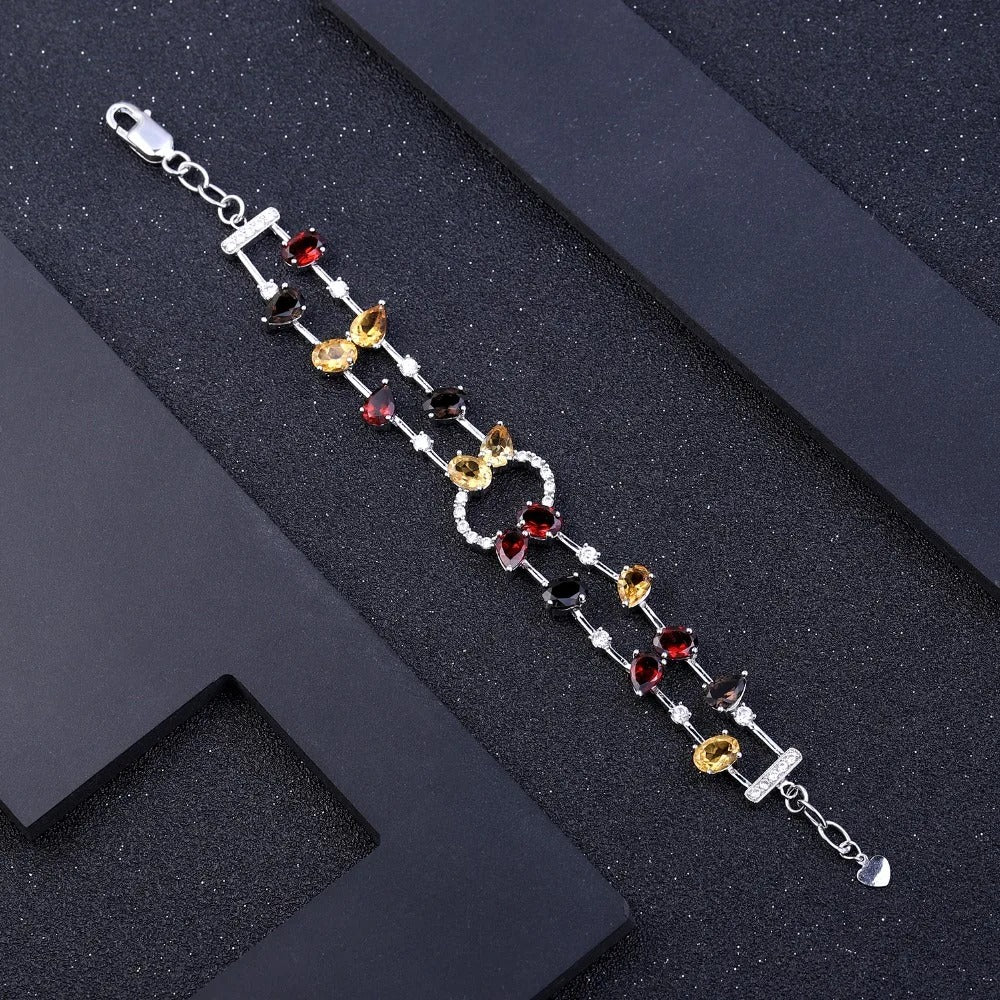 Multicolor Natural Gemstone Link Bracelet | Garnet, Citrine, Smoky Quartz | 925 Silver