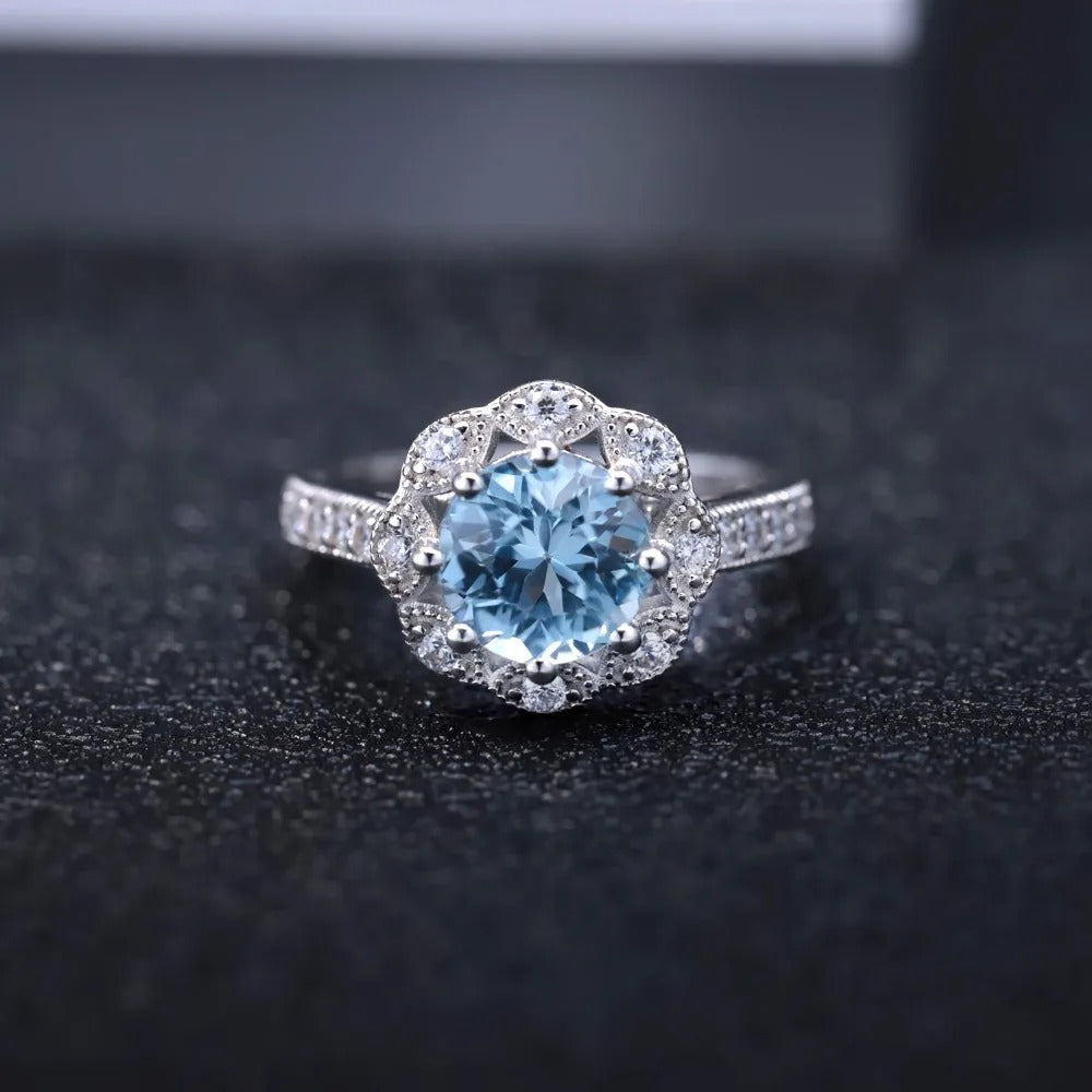 Natural Sky Blue Topaz Flower Ring | 2.58Ct | 925 Sterling Silver