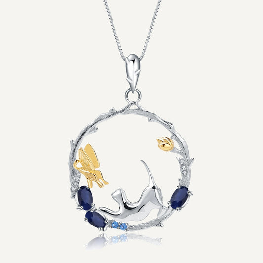 Handmade Cat & Butterfly Garden Pendant | Blue Sapphire | 925 Silver