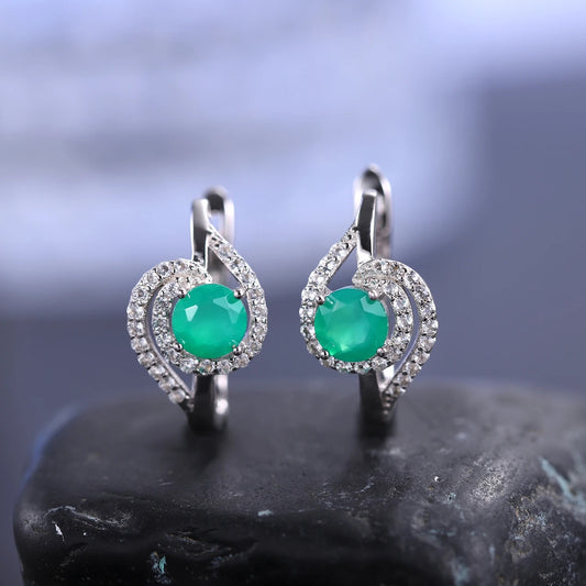 Natural Green Agate Swirl Stud Earrings | 925 Sterling Silver & CZ Halo