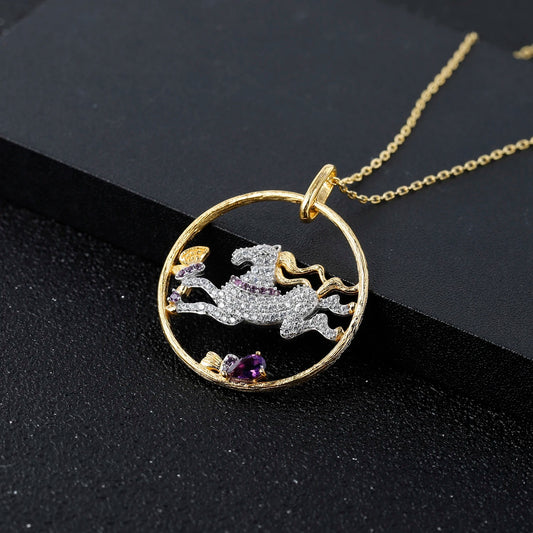 Galloping Horse Amethyst Pendant | Two-Tone 925 Silver | Luxury Gold Palace