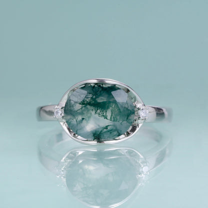 Natural Moss Agate Oval Ring | 2.91Ct Minimalist 925 Sterling Silver