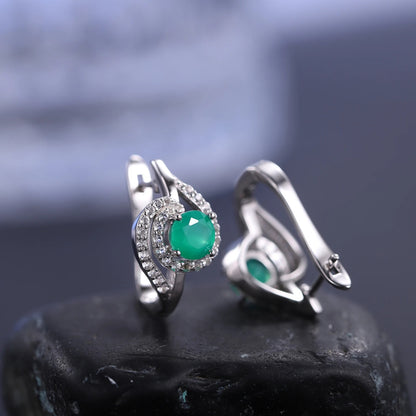 Natural Green Agate Swirl Stud Earrings | 925 Sterling Silver & CZ Halo