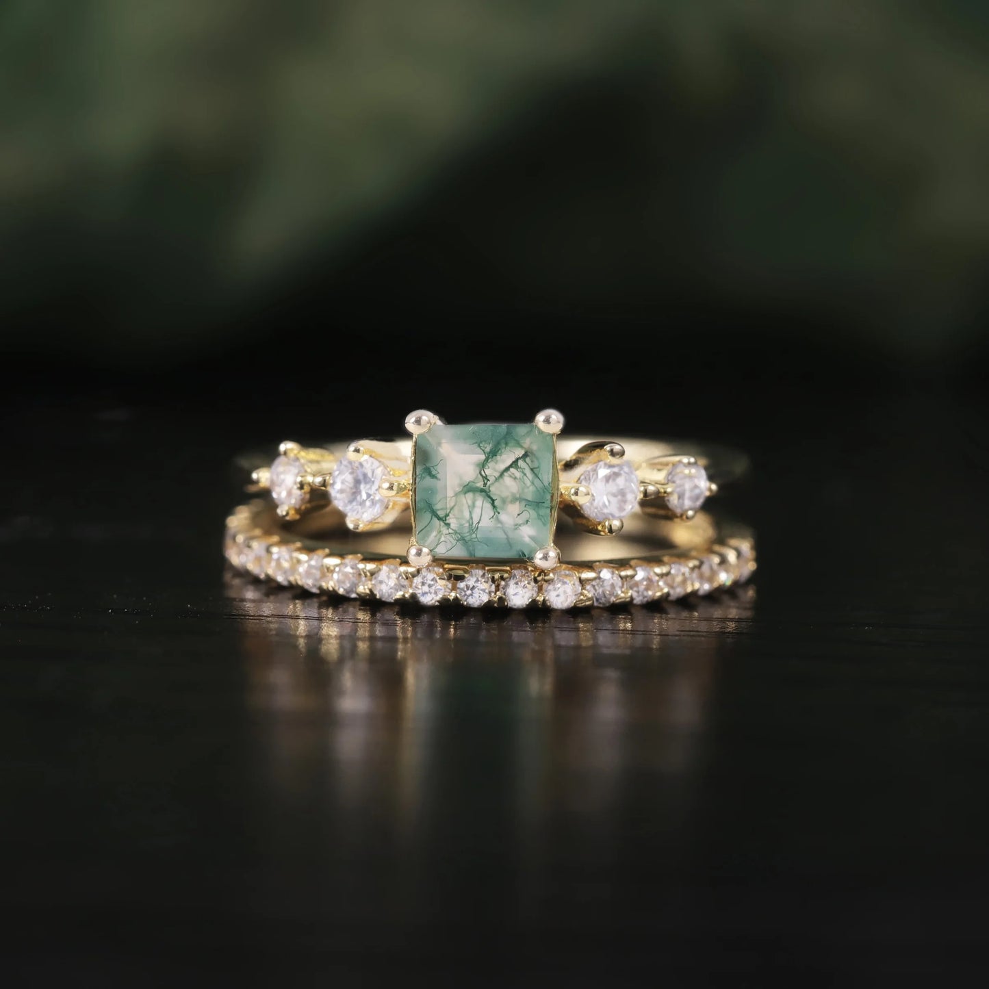 Vintage Moss Agate Bridal Ring Set | Square Art Deco | 14k Gold Over Silver