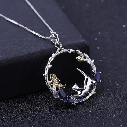 Handmade Cat & Butterfly Garden Pendant | Blue Sapphire | 925 Silver