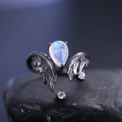 Guardian Angel Moonstone Ring | Adjustable Wings | Black 925 Silver