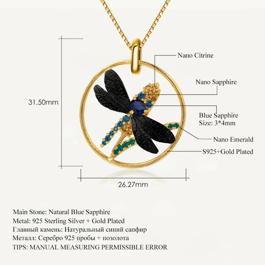 Handmade Blue Sapphire Dragonfly Pendant | Two-Tone 925 Silver