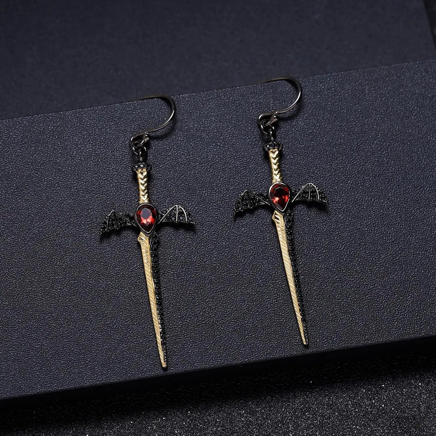 Gothic Bat Wing Sword Drop Earrings | Natural Garnet | Luxury Gold Palace
