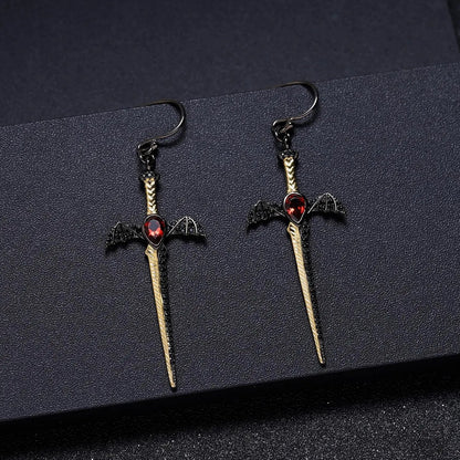 Gothic Bat Wing Sword Drop Earrings | Natural Garnet | Luxury Gold Palace