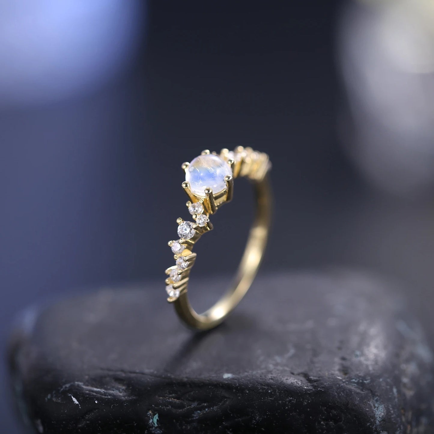 Natural Rainbow Moonstone Gold Ring | June Birthstone Promise Ring | 925 Silver