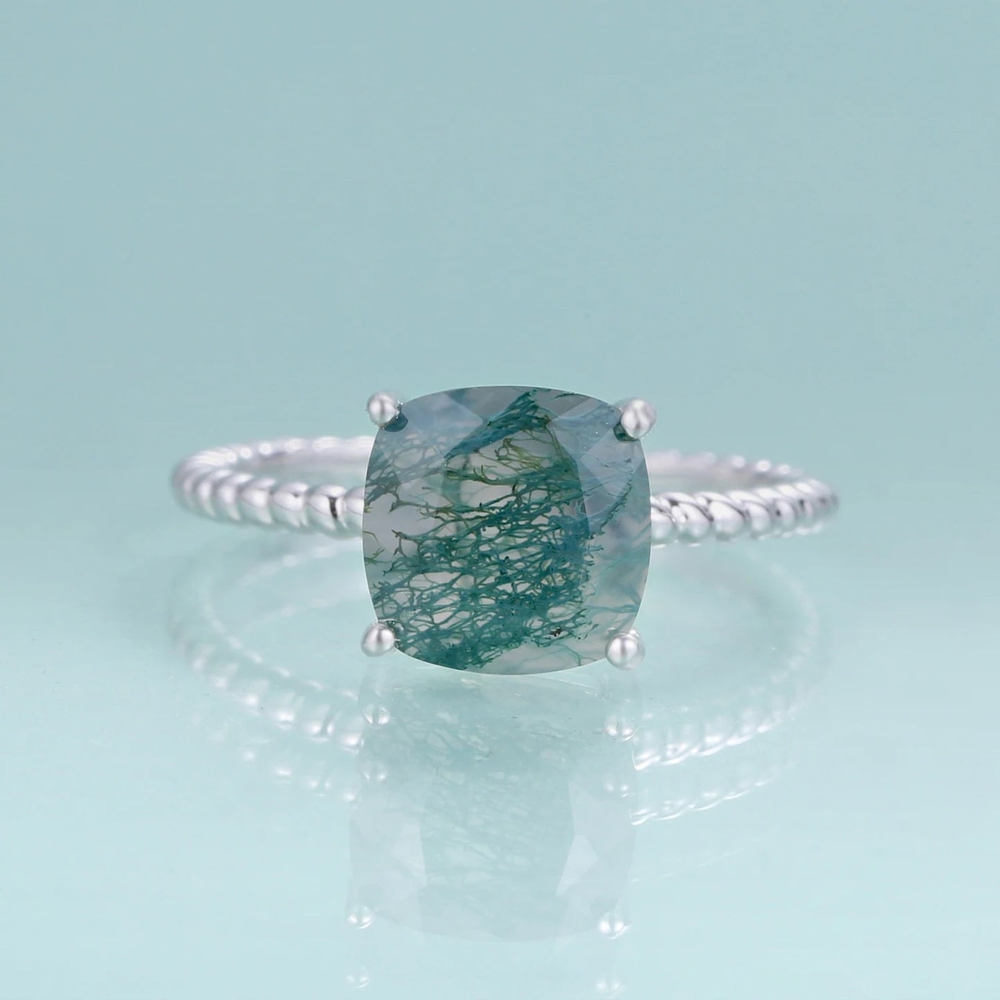2.25Ct Cushion Moss Agate Solitaire Ring | Twisted Rope Band | 925 Silver