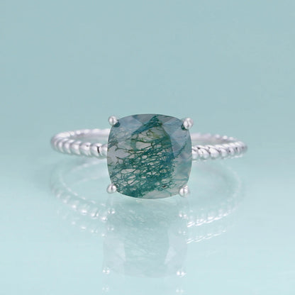 2.25Ct Cushion Moss Agate Solitaire Ring | Twisted Rope Band | 925 Silver