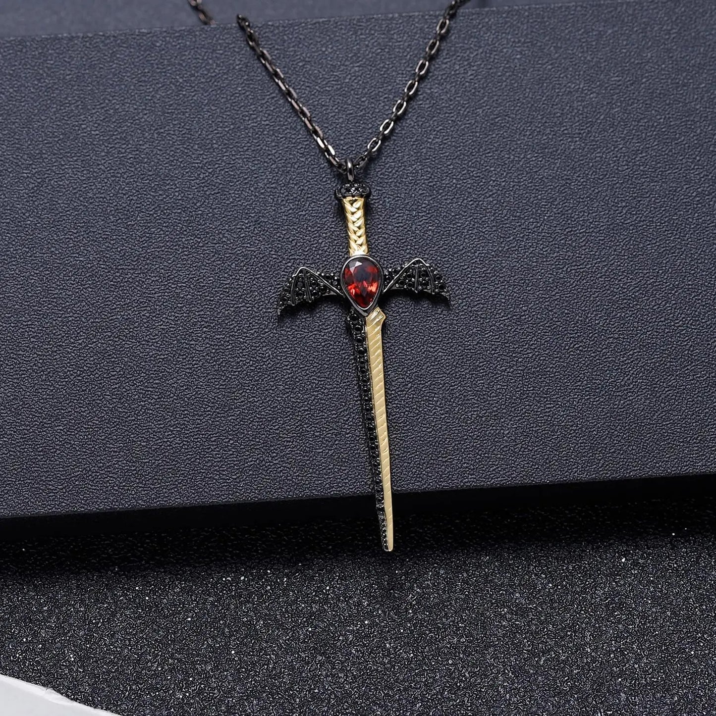 Gothic Bat Wing Sword Pendant with Natural Garnet | 925 Silver | Luxury Gold Palace
