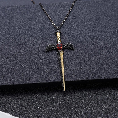 Gothic Bat Wing Sword Pendant with Natural Garnet | 925 Silver | Luxury Gold Palace