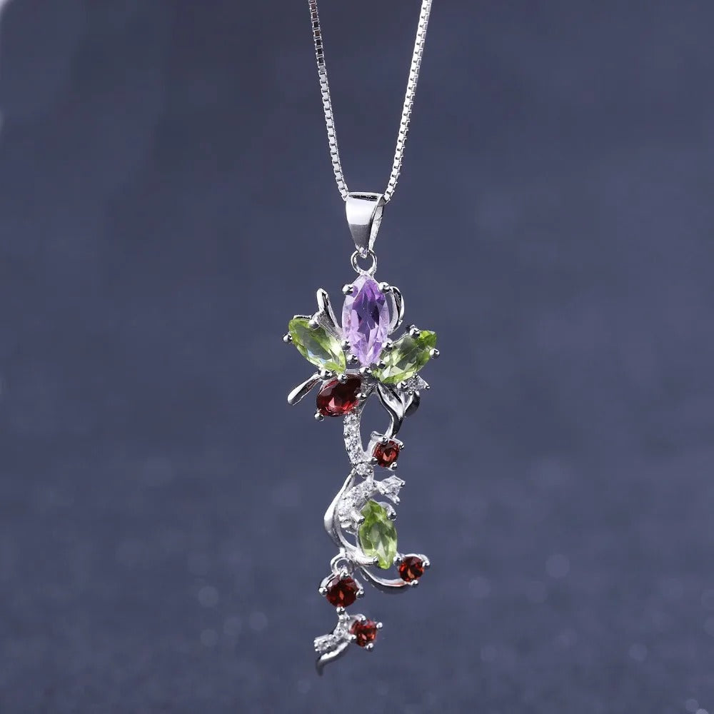 Multi-Gemstone Floral Vine Pendant | 925 Sterling Silver | Luxury Gold Palace