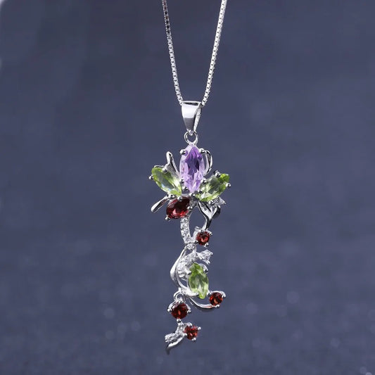 Multi-Gemstone Floral Vine Pendant | 925 Sterling Silver | Luxury Gold Palace
