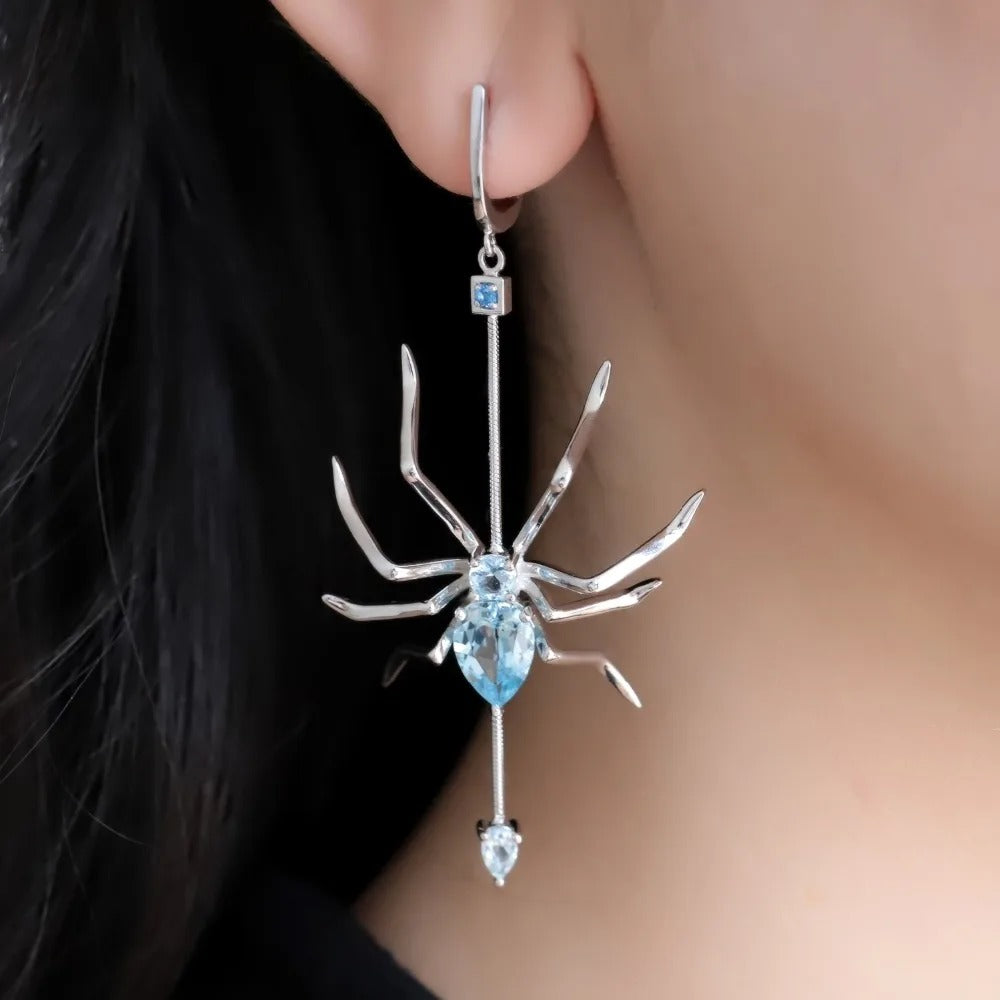 Gothic Spider Drop Earrings | Natural Sky Blue Topaz | 925 Silver