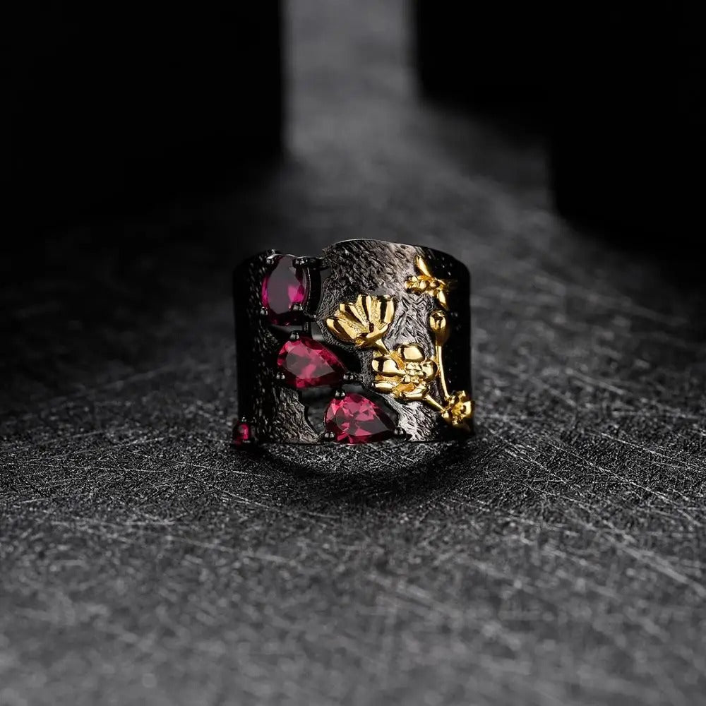 Secret Garden Rhodolite Garnet Ring | Handmade Bee & Flower Band | 925 Silver