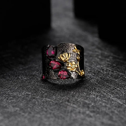 Secret Garden Rhodolite Garnet Ring | Handmade Bee & Flower Band | 925 Silver