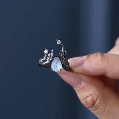 Guardian Angel Moonstone Ring | Adjustable Wings | Black 925 Silver