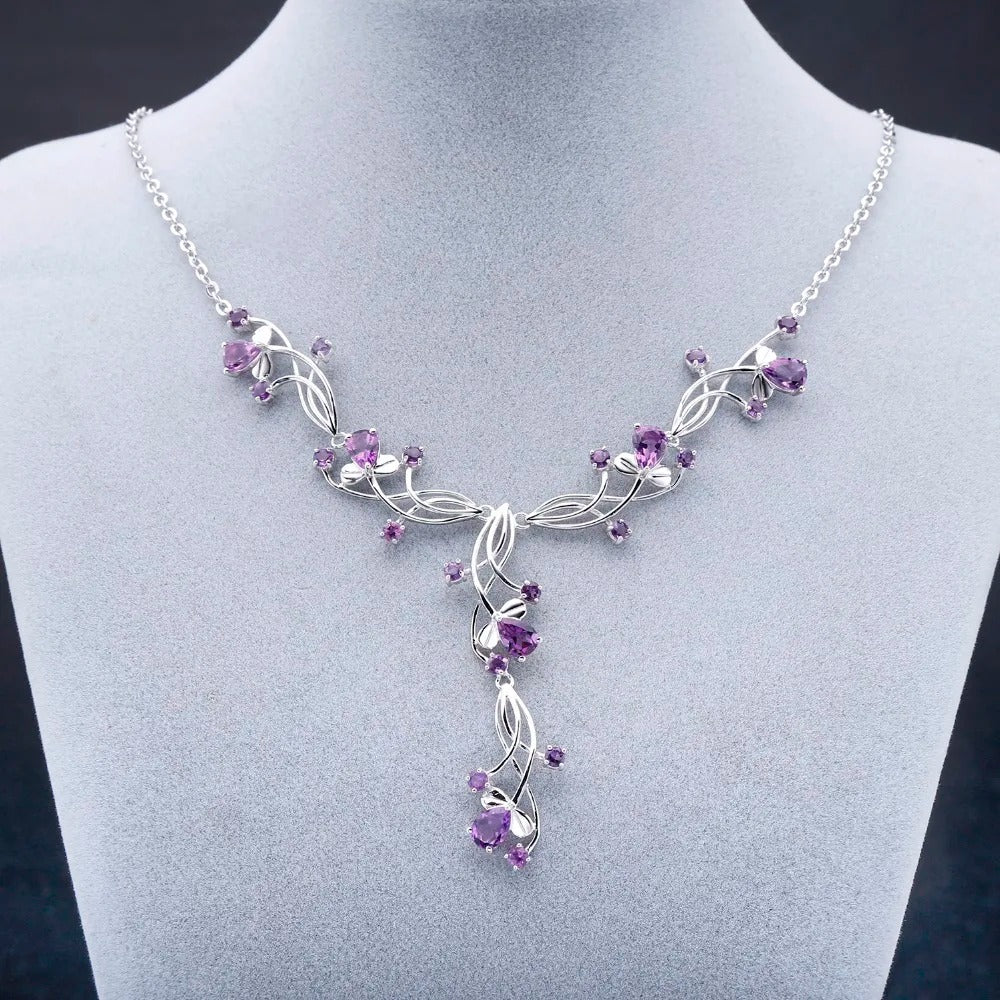 6.39Ct Natural Amethyst Y-Necklace | 925 Silver Floral Vine | Bridal