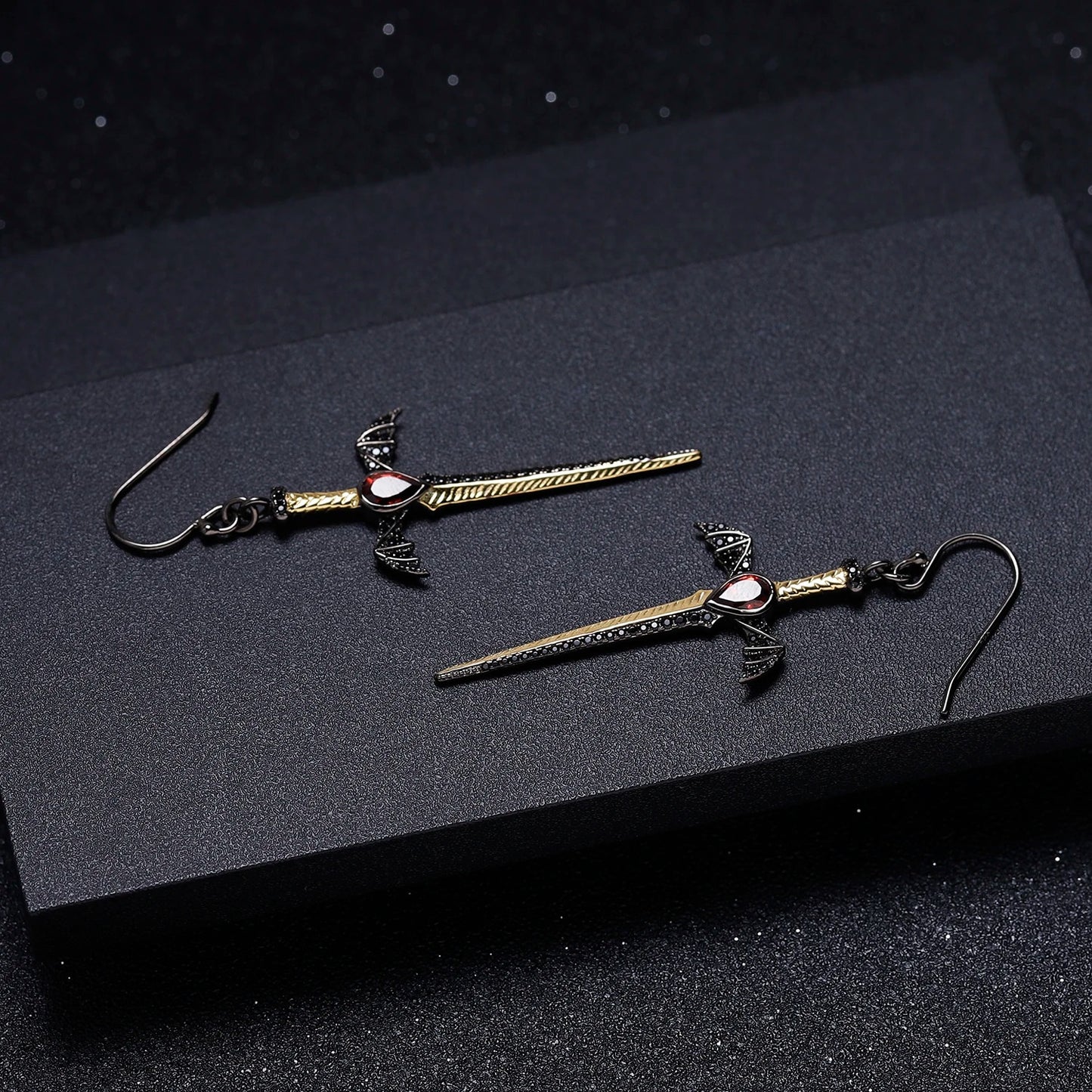 Gothic Bat Wing Sword Drop Earrings | Natural Garnet | Luxury Gold Palace